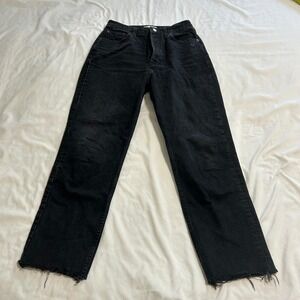 Zara High Waisted Straight Leg Jeans Washed Black Raw Hem Button Fly Size 4